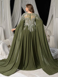Plus Elegant Cape Sleeve Evening Gown with Beaded Floral Embroidered Bodice & Flowing Train