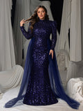 Plus Sequin Mermaid Formal Dress with Long Sleeves and Sheer Tulle Overlay