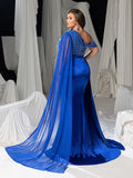 Plus Rhinestone Decor One Shoulder Cape Evening Gown with High Slit