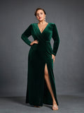 Plus Elegant V Neck Long Sleeve Velvet Slit Dress