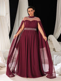 Plus Dramatic Cape Evening Dress | High Neck Chiffon with Rhinestone Details