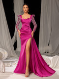 Elegant Satin Evening Gown with Sweetheart Neckline & Sequin Embellished Sleeves – High Slit Mermaid Silhouette for Luxury Weddings or Red Carpet Events, XS-XL