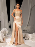 Elegant Off-Shoulder Gown with High Slit & Beaded Bodice – Luxury Satin Evening Wear for Red Carpet, Formal Galas & Luxury Weddings, XS-XL