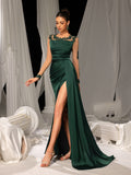 Elegant Evening Gown with Lace Accents & High Slit – Silk Satin Bodycon Dress for Luxury Evenings, XS-XL