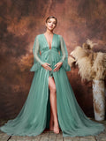 Maternity Plunging Neck Sheer Sleeves Mesh Photography Dress