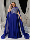 Plus Elegant Chiffon Evening Gown with Beaded Sequin Embellished Bodice, Cape-Style Sleeves & Flowy Floor-Length Skirt, Back Beaded Detail