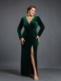 Plus Elegant V Neck Long Sleeve Velvet Slit Dress