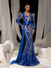 Elegant Sequin Embroidered V-Neck Mermaid Gown | Long Sleeve with Wide Belt & Sweep Train
