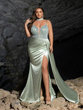 Plus Beaded Sweetheart Mermaid Gown | Spaghetti Straps with Side Slit & Cascading Train