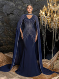 Elegant Two-Piece Evening Gown with Detachable Cape | Deep V-Neck Mermaid Dress & Opera Length Rhinestone Cape