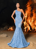 Elegant One Shoulder Sleeveless Sequin Mermaid Dresses