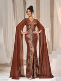Gorgeous Sequin Embroidery Evening Gown - V-Neck Mermaid Dress with Cape Sleeves & High Slit