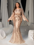 Plus Gorgeous Lantern Sleeves Mermaid Hem Graphic Sequin Evening Dress