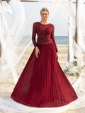 Womens' Elegant A-Line Formal Dress with Long-Sleeve Lace Bodice & Chiffon Pleated Skirt