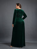 Plus Elegant V Neck Long Sleeve Velvet Slit Dress