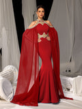 Luxurious Mermaid Gown with Flowing Cape & Gold Embellishments for Red Carpet or Luxury Weddings, XS-XL