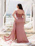 Plus Elegant Asymmetrical Neck Split Mermaid Hem Satin Evening Dress