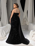 Plus Size Sequin Mermaid Evening Gown: Deep V-neck Front, Sheer sleeves & Thigh Slit