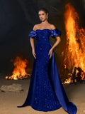 Off Shoulder Puff Sleeves Satin Sequin Mermaid Dress