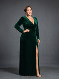 Plus Elegant V Neck Long Sleeve Velvet Slit Dress