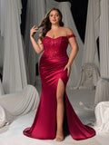 Plus Burgundy Off-Shoulder Evening Gown with Sultry Side Slit – Dress for High-End Fashion Shows or Red Carpet Moments, 1XL-5XL