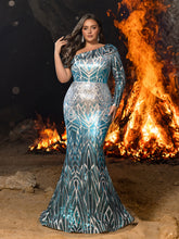 Plus One-Shoulder Geometric Sequin Gown | Long Sleeve Mermaid Dress