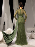 Elegant Sequin Evening Gown with Sheer Sleeves & Dramatic Satin Train - Dress for Luxury Brand Launches or High-Fashion Editorial Shoots, XS-XL