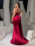 Plus Size Satin One-Shoulder Mermaid Evening Gown with High Slit & Rhinestone Chain