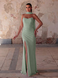 Elegant Strapless Maxi Dress | Ruched Tulle Gown with High Front Slit and Open Back Lace-Up Detail