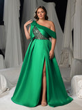 Plus One-Shoulder Evening Gown with Dramatic Slit & Sequin Embellishments – Luxury Evening Wear for Red Carpet, Gala & Fashion Shows