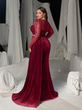 Plus Luxury Formal Gown with Sequin Bodice, Puffed Sleeves, Velvet High-Slit Skirt