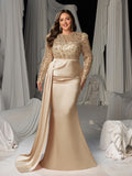 Plus Round Neck Long Sleeves Formal Evening Dress with Sequin Bodice and Satin Mermaid Skirt
