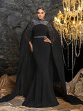 Elegant Two-Piece Evening Gown | Beaded Detachable Cape with Long Train & Defined Waist