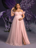 Plus Maternity  Off Shoulder Ruched Bust Split Tulle Evening Dress