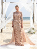 Womens' Luxurious Evening Gown with Embroidered Sequin Detailing & Chiffon Skirt – Sculpted Bodice & Sheer Train for Formal Galas