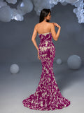 Elegant Strapless Mermaid Hem Floral Sequin Evening Dress