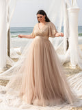 Plus Elegant Surplice Neck Butterfly Sleeves Sequin Evening Dress