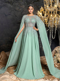 Elegant Chiffon Evening Gown with Sheer Embroidered Bodice, Rhinestone Sequin Detail, Transparent Mesh Back & Flowy Draped Skirt