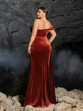 Plus One-Shoulder Ruched Velvet Gown | Beaded Strap & High Thigh Slit