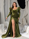 Plus Elegant Velvet Gown with Thigh-High Slit & Puff Sleeves – Luxury Evening Wear for Red Carpet, Gala Dinners & High-End Parties