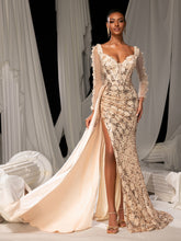 Elegant Sheer Long Sleeve Mermaid Gown | Floral Appliqué & Deep V-Neck | Low Back with Slit & Train