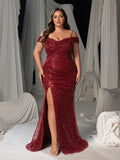 Plus Sequined Off-Shoulder Gown with High Slit – Luxury Evening Wear for Red Carpet, Gala Dinners & Formal Weddings, 1XL-5XL