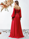 Off Shoulder Bishop Sleeves Chiffon Formal Dress - Elonnashop