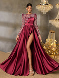 Elegant Women's Sequin Bodice Formal Gown | Long Sleeves | Full Flared Skirt