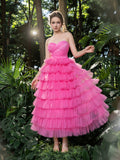 Midi Elegant Strapless Tulle Gown with Ruffled Layers – Voluminous Dress for Tropical Events, Garden Parties & Summer Galas