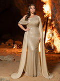 Plus One-Shoulder Sequin Mermaid Gown with Cape Sleeve| Dramatic Train & Sleek Fit