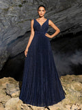 Glitter V Neck Sleeveless Maxi A Line Pleated Dress