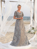 Womens' Elegant V-Neck Evening Gown with Delicate Lace & Silver Embroidery – Long Flowing Skirt for Seaside Weddings & Romantic Beach Events