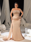Plus Off-Shoulder Gown with High Slit & Beaded Bodice – Luxury Satin Evening Wear for Red Carpet, Formal Galas & Luxury Weddings, 1XL-5XL
