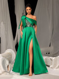 Elegant One-Shoulder Evening Gown with Dramatic Slit & Sequin Embellishments – Luxury Evening Wear for Red Carpet, Gala & Fashion Shows